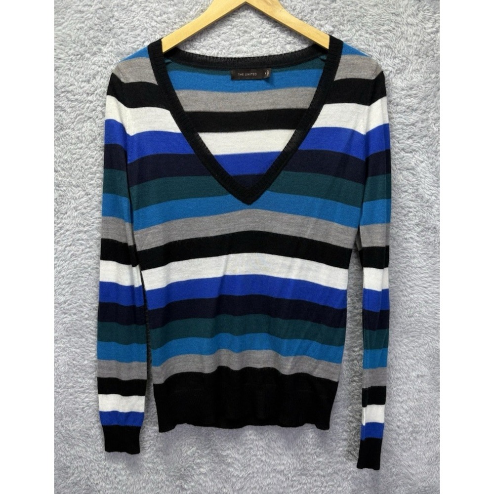The Limited Womens S Black Striped Wool Blend V Neck Sweater Y2K Grunge Longline